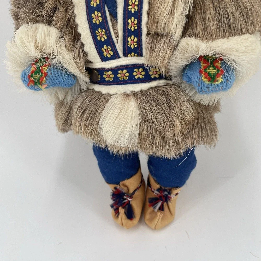 Vintage Inuit Eskimo Doll Faux Fur Parka Moccasins Blue Embroidered Trim 12 Inch
